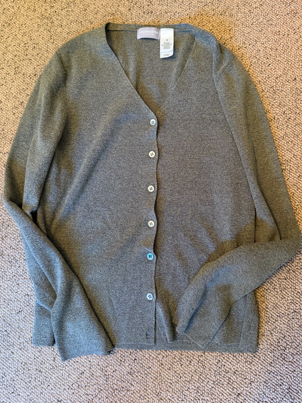 Liz Claiborne Light Greenish Gray Vintage V-Neck Button Cardigan Sweater